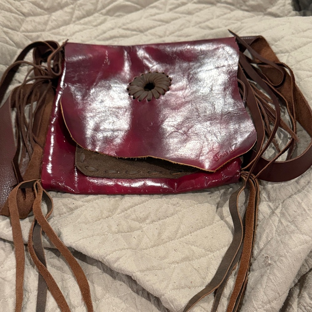 Chic Burgundy Leather Crossbody Bag with Fringe